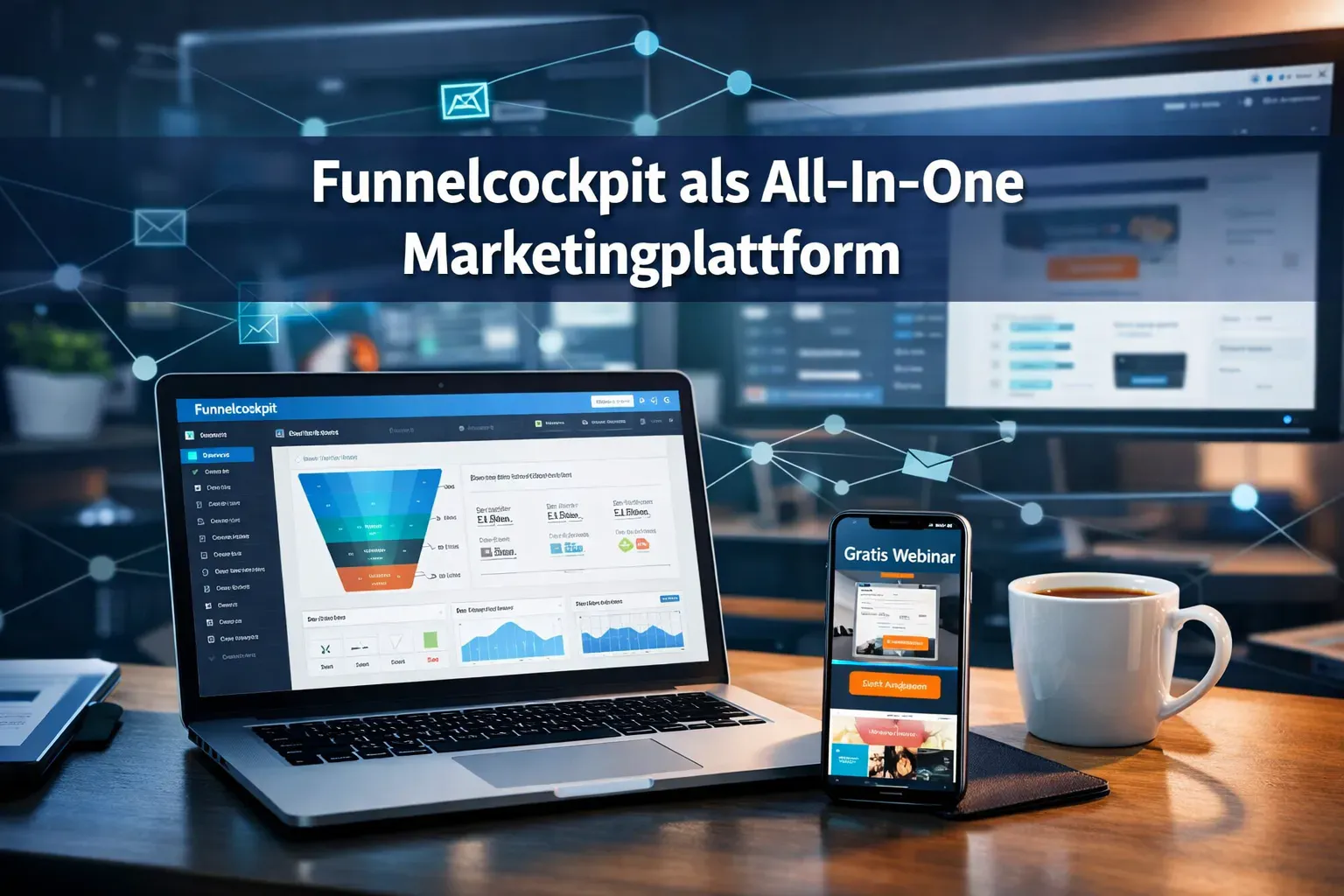 Schreibtisch mit Bildschirm, Mobiltelefon und Kaffeetasse