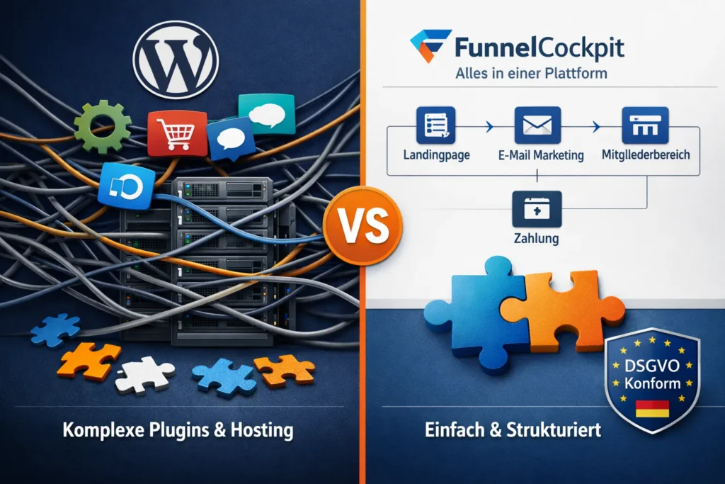 Grafik zeigt den Vorteil von Funnelcockpit gegenüber WordPress mit vielen Plugins